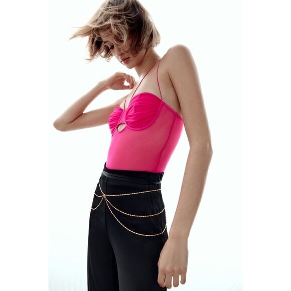NWT Zara Fuchsia Tulle Semi-Sheer Bodysuit, Size Large - Picture 3 of 15